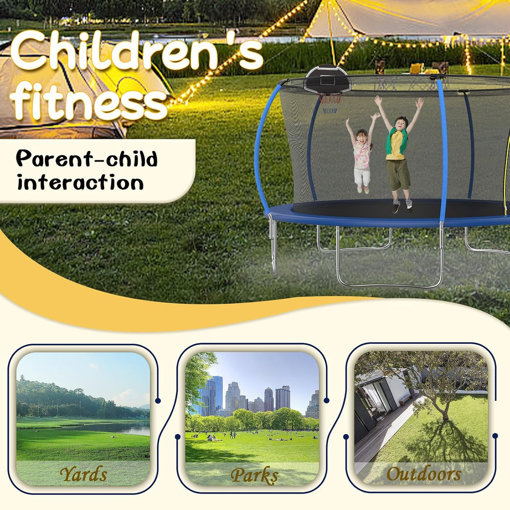 14FT Tranpoline for Kids with Safety Enclosure Net Recreational Round Tranpoline with Basketball Hoop ASTM Approval Backyard Outdoor Tranpoline with Spring Pad Cover & Ladder