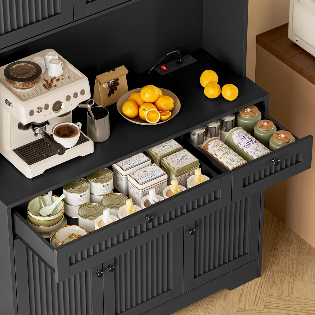 BORNOON Pantry Cabinet with Charging Station and Light, Tall Kitchen Pantry Storage Cabinet with Microwave Stand, Wide Fluted Kitchen Hutch with Storage Drawers and Adjustable Shelves for Dining Room