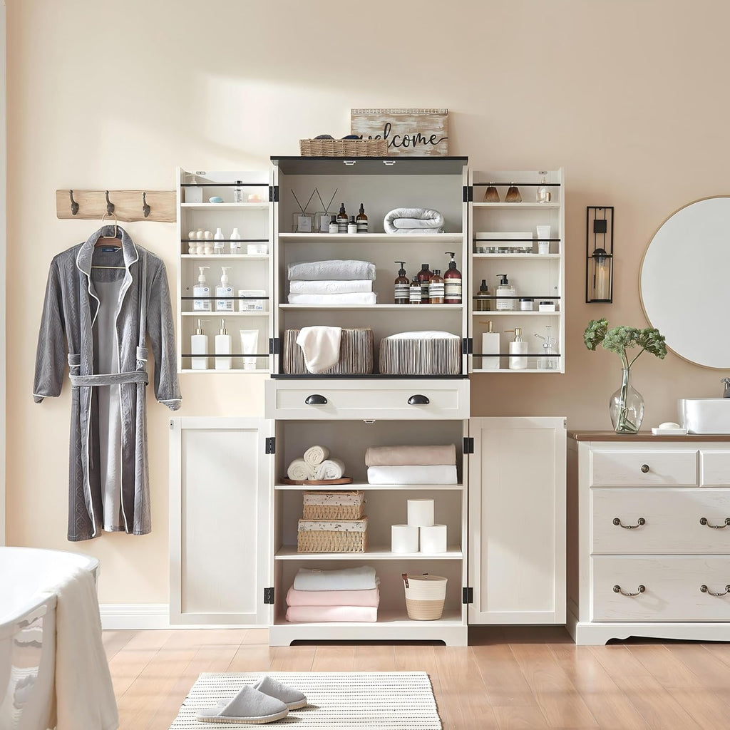 NOZE Kitchen Pantry Cabinet, 72'' White Pantry Storage Cabinet, Freestanding Kitchen Hutch Cabinet and Adjustable Shelves,Tall Food Pantry Cabinet Farmhouse Furniture for Dining Room