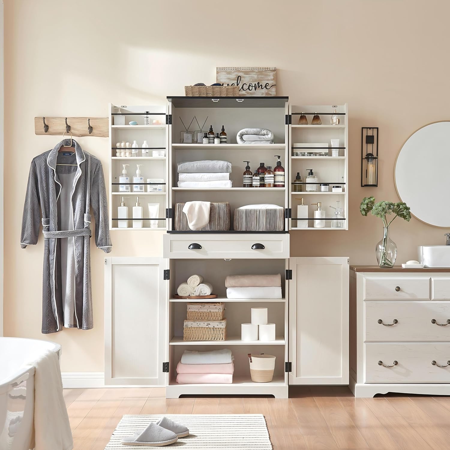 NOZE Kitchen Pantry Cabinet, 72'' White Pantry Storage Cabinet, Freestanding Kitchen Hutch Cabinet and Adjustable Shelves,Tall Food Pantry Cabinet Farmhouse Furniture for Dining Room
