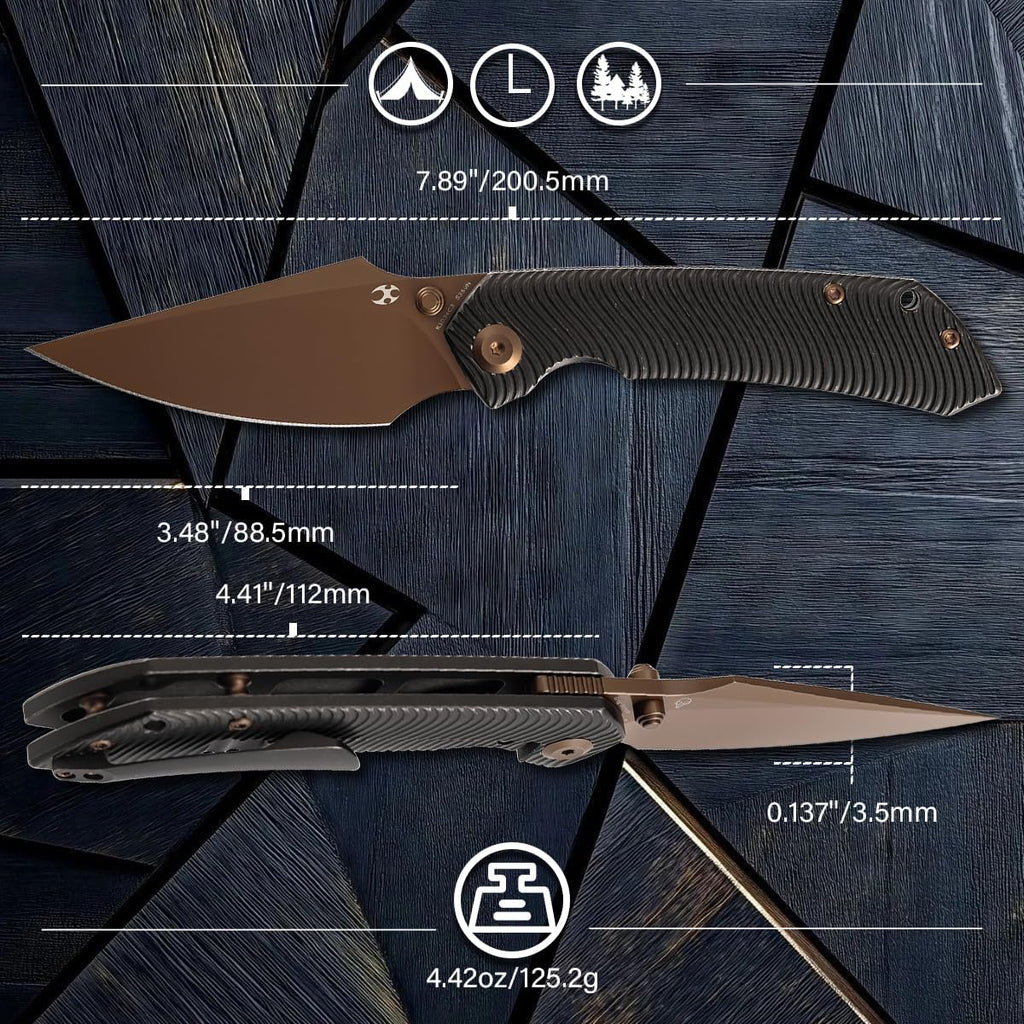 KANSEPT Fenrir Pocket Knife, 3.48' Rose Gold CPM-S35VN Blade with Flipper and Thumb Stud, Frame Lock for Camping Outdoor with Blackwash Titanium Handle and Micro-Milled Water Ripple Texture K1034C3