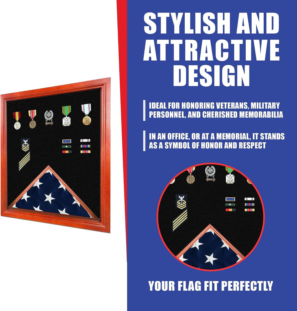 Super Tough Cherry Medal and Flag Display Case for American Veteran Burial | Holds 3ft x 5ft Flags | 20' W x 23' L | Display Box for Hanging Medals & Memorabilia to Show Honor