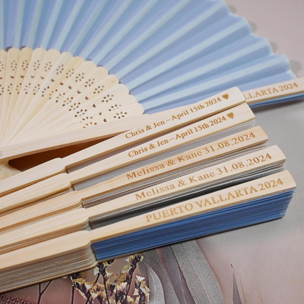 Personalized Engraved Silk Fans Folding Hand Fans with Organza Bags, 103Pcs Light Blue Summer Wedding Fans, Custom Imitated Silk-Bamboo Fans for Guests Wedding Party Favor Bridal Shower Gifts