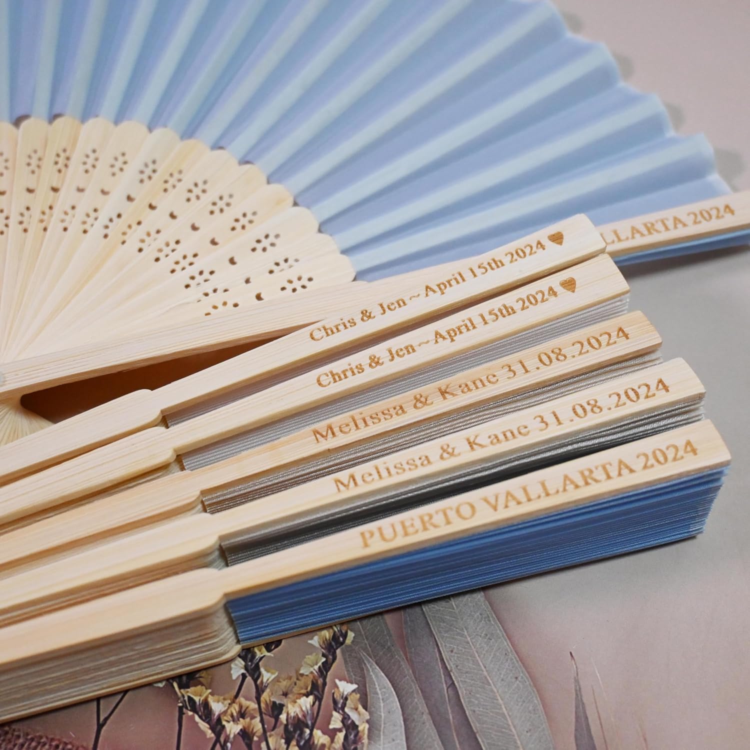 Personalized Engraved Silk Fans Folding Hand Fans with Organza Bags, 103Pcs Light Blue Summer Wedding Fans, Custom Imitated Silk-Bamboo Fans for Guests Wedding Party Favor Bridal Shower Gifts