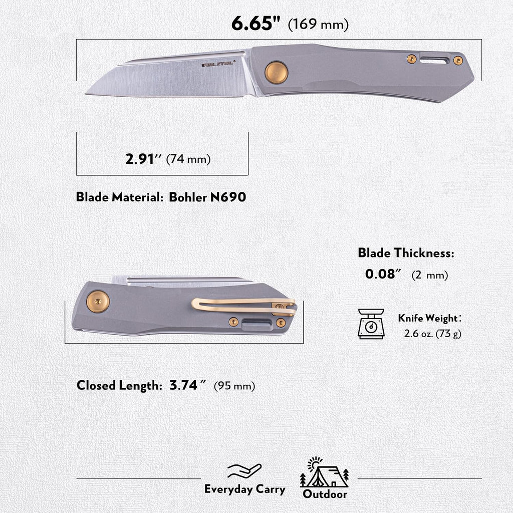 REALSTEEL Solis Slipjoint Folding Pocket Knife - Bohler N690 Satin Blade with Titanium TC4 Handle - Perfect for Camping, and Daily Cutting Tasks - EDC Knife for Men Women (Golden Hardware/Satin)