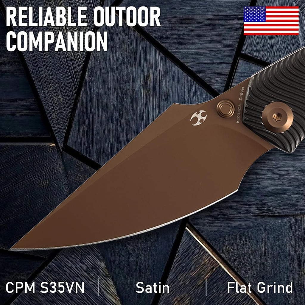 KANSEPT Fenrir Pocket Knife, 3.48' Rose Gold CPM-S35VN Blade with Flipper and Thumb Stud, Frame Lock for Camping Outdoor with Blackwash Titanium Handle and Micro-Milled Water Ripple Texture K1034C3