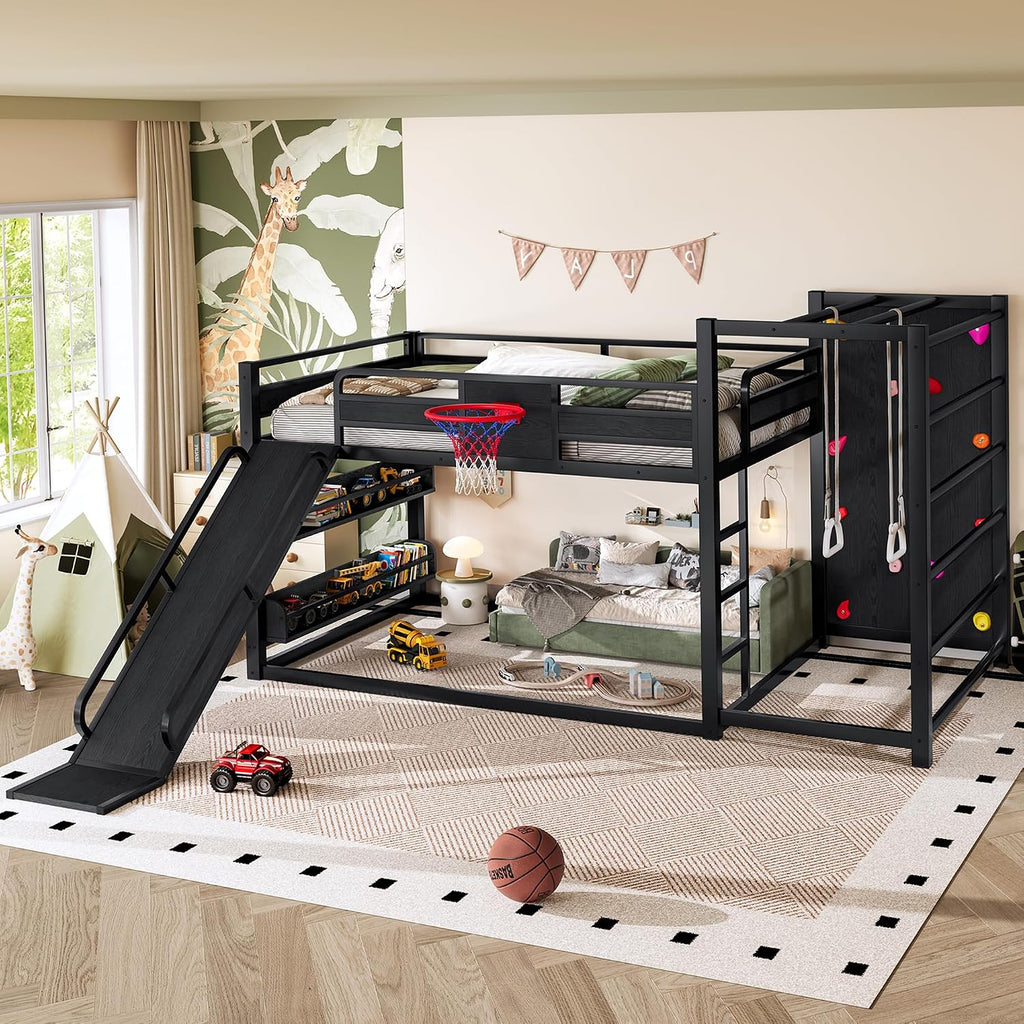 Metal Full Over Full Bunk Bed with Slide and Bookshelf, Modern Heavy Duty Bunk Bed with Basketball Hoop, Pull-Up Rings and Climbing Wall, Low Playhouse Loft Bed for Kids, Black