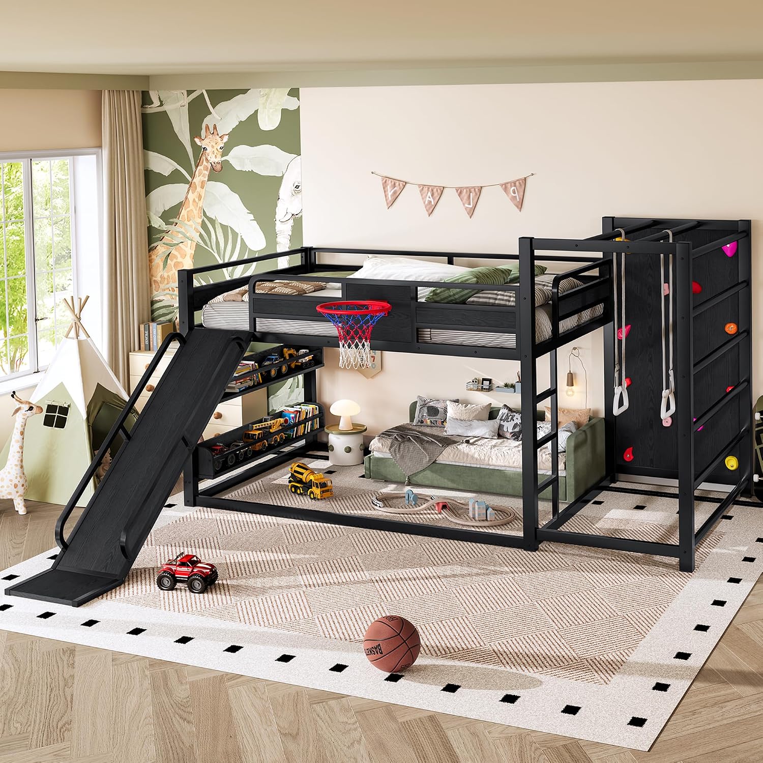 Metal Full Over Full Bunk Bed with Slide and Bookshelf, Modern Heavy Duty Bunk Bed with Basketball Hoop, Pull-Up Rings and Climbing Wall, Low Playhouse Loft Bed for Kids, Black