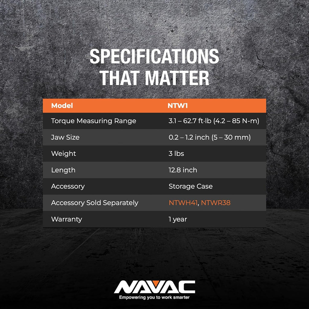 NAVAC NTW1 Digital Torque Wrench - Adjustable Jaw - Digital Readout - Torque Settings Memory - Dual Direction - Selectable Measuring Units - Indicator Lights and Sound - 1 Year Warranty