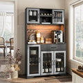 Fatmok 71' Tall Pantry Cabinet with Glass Doors, Kitchen Hutch Storage Cabinet, Coffee Bar & Liquor Cabinet with Charging Station & LED Lights, Wine Rack, Adjustable Shelves＆Large Drawer, Grey