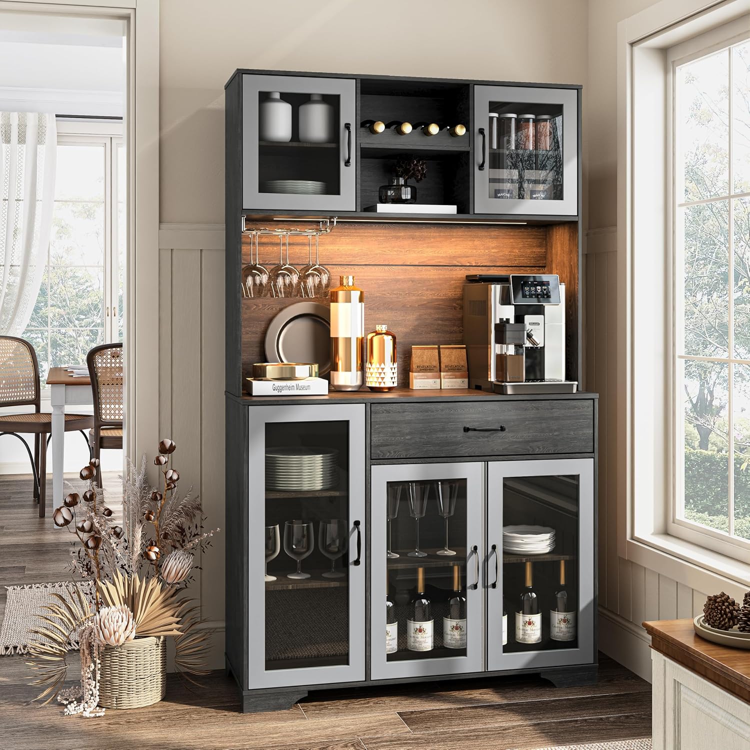 Fatmok 71' Tall Pantry Cabinet with Glass Doors, Kitchen Hutch Storage Cabinet, Coffee Bar & Liquor Cabinet with Charging Station & LED Lights, Wine Rack, Adjustable Shelves＆Large Drawer, Grey