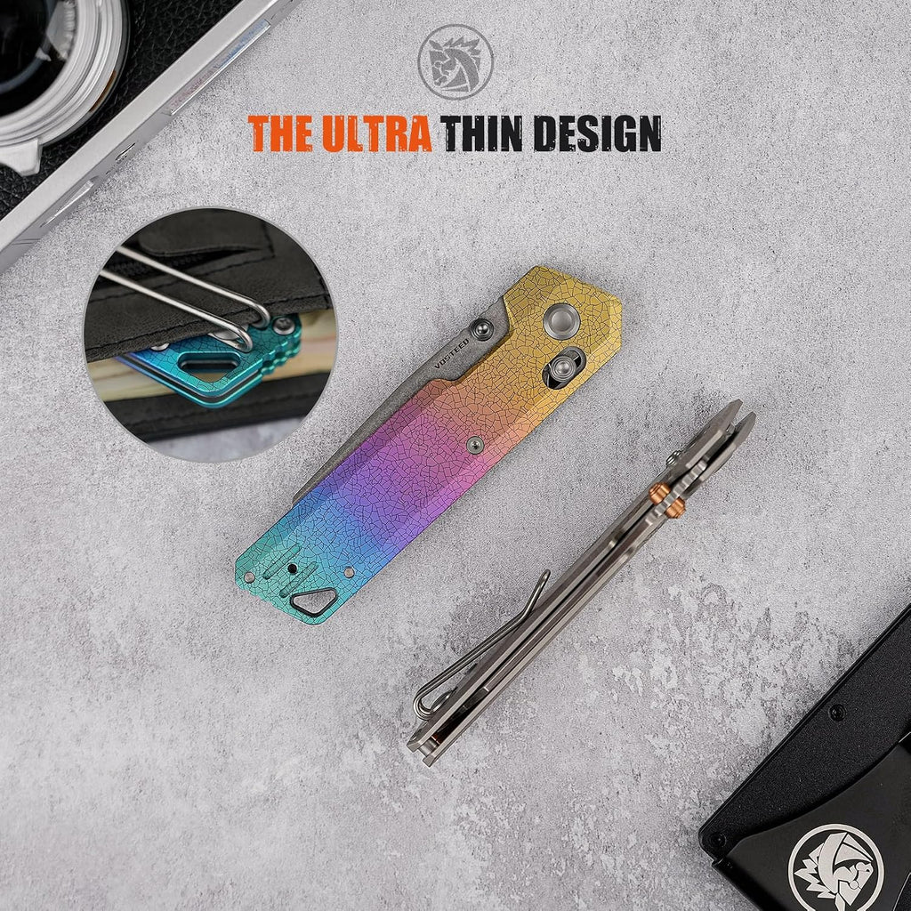Vosteed Parallel EDC Pocket Knife - 2.90' S35VN Stonewash Blade, Reverse Tanto - Crossbar Lock, Iridescent Crackle Titanium Handle - Camping, Hiking Knives - A3508