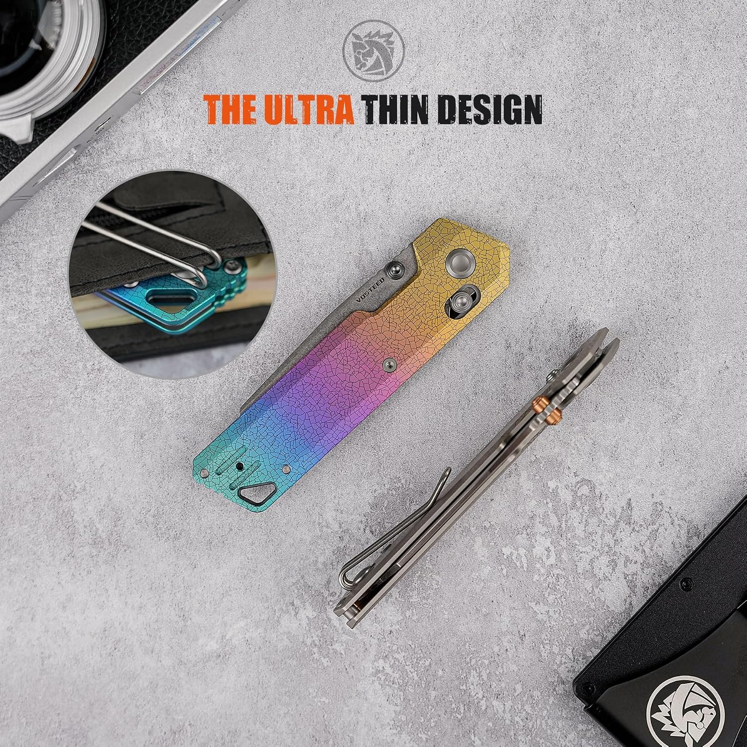 Vosteed Parallel EDC Pocket Knife - 2.90' S35VN Stonewash Blade, Reverse Tanto - Crossbar Lock, Iridescent Crackle Titanium Handle - Camping, Hiking Knives - A3508