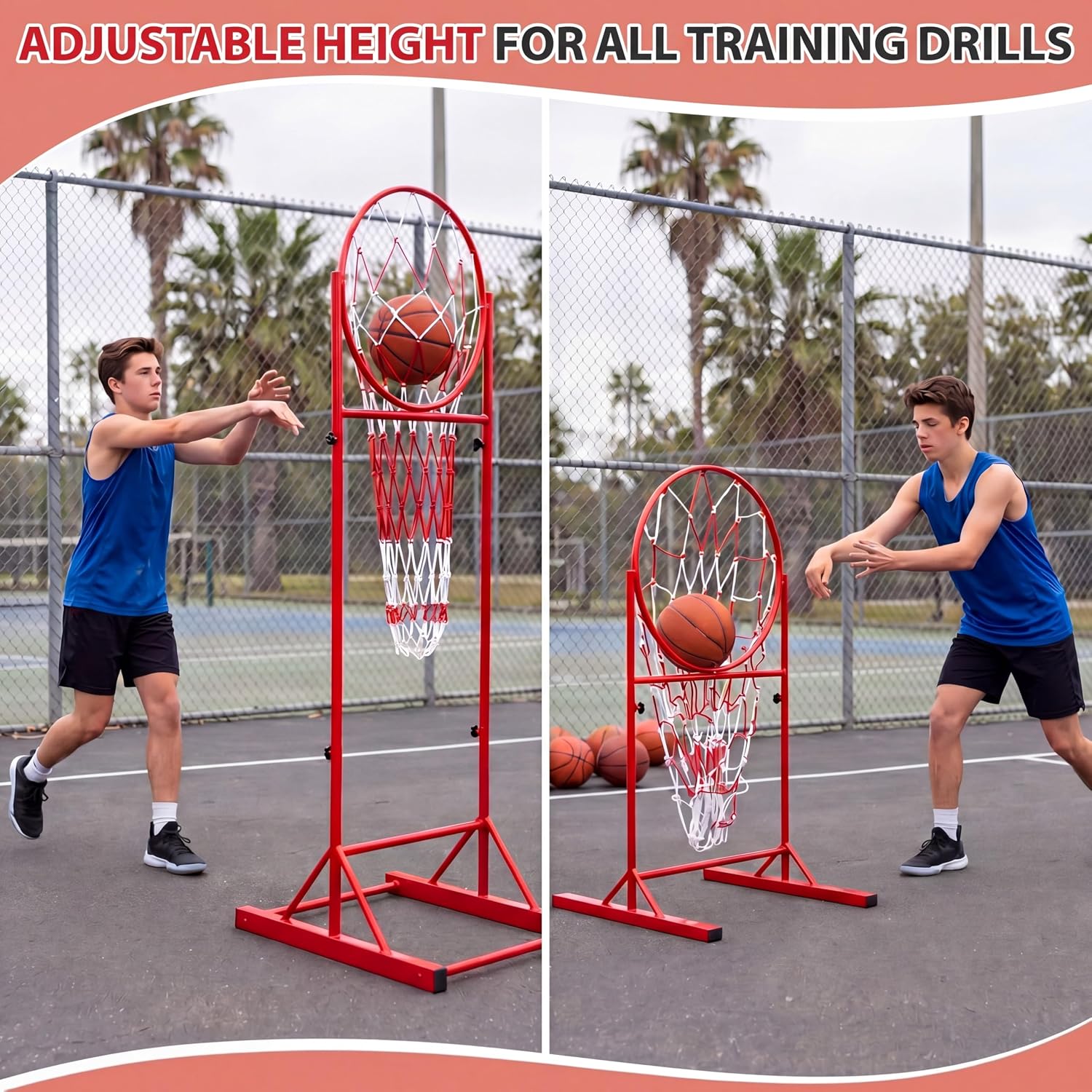 Halloscume Basketball Passing Trainer, Adjustable Height Portable Basketball Training Hoop with Net, 7-8 ft Pass Training Rack for Coaches, Indoor Outdoor Practice Equipment