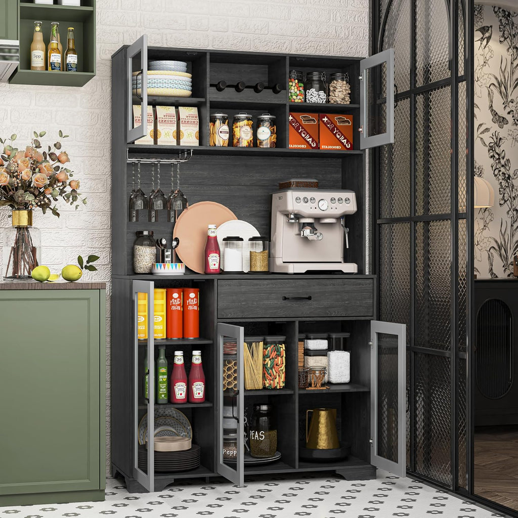 Fatmok 71' Tall Pantry Cabinet with Glass Doors, Kitchen Hutch Storage Cabinet, Coffee Bar & Liquor Cabinet with Charging Station & LED Lights, Wine Rack, Adjustable Shelves＆Large Drawer, Grey