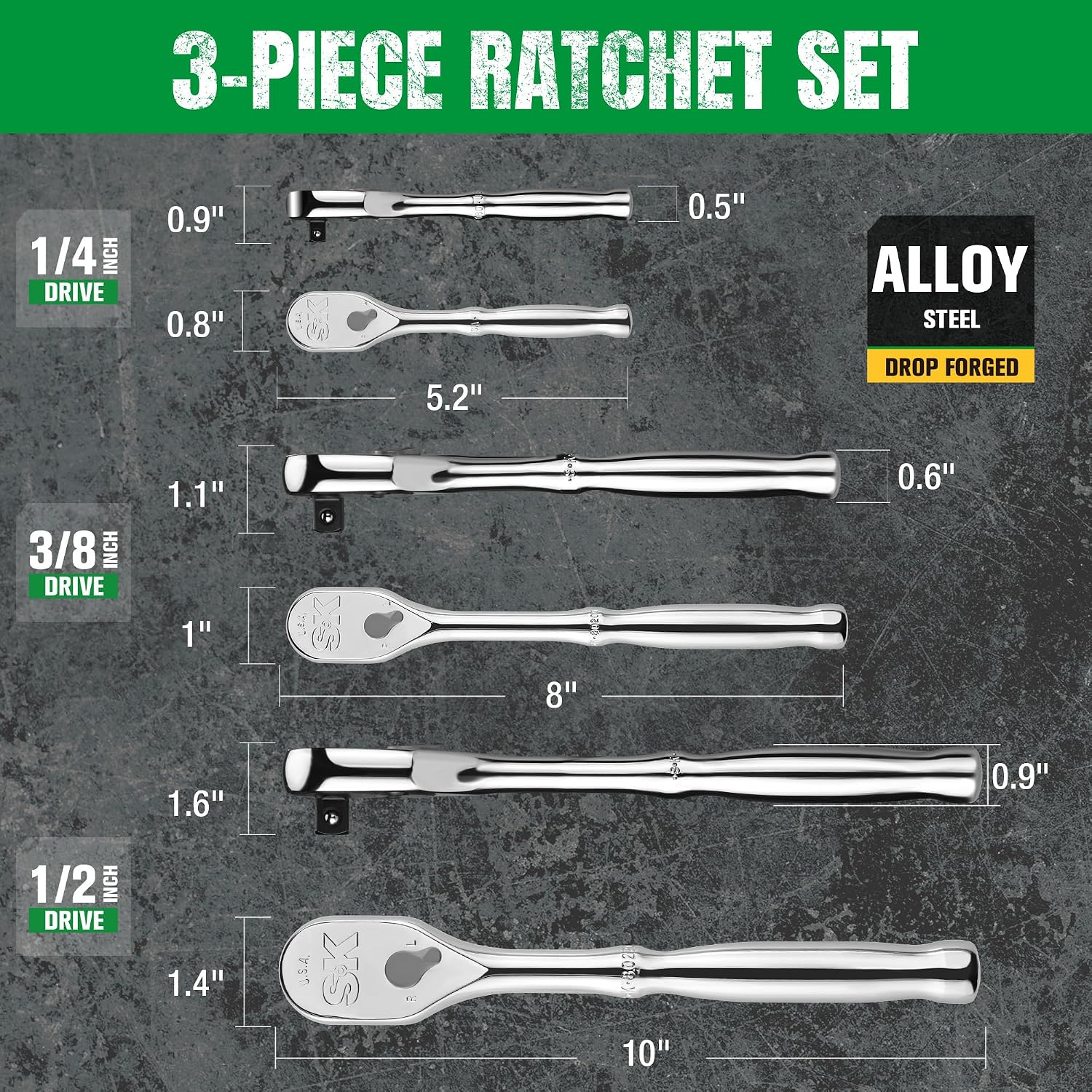 SK Tools USA 1/4', 3/8' & 1/2' Drive, 3 Piece LP90 Teardrop Ratchet Set | 80240