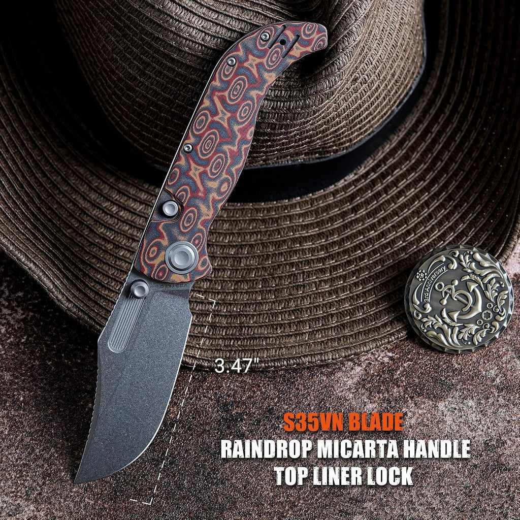 Vosteed Naga EDC Folding Pocket Knife - 3.47' S35VN Stonewash Blade, Clip Point - Top Liner Lock, Copper Raindrop Micarta Handle - Surviving, Camping Knives - A3904