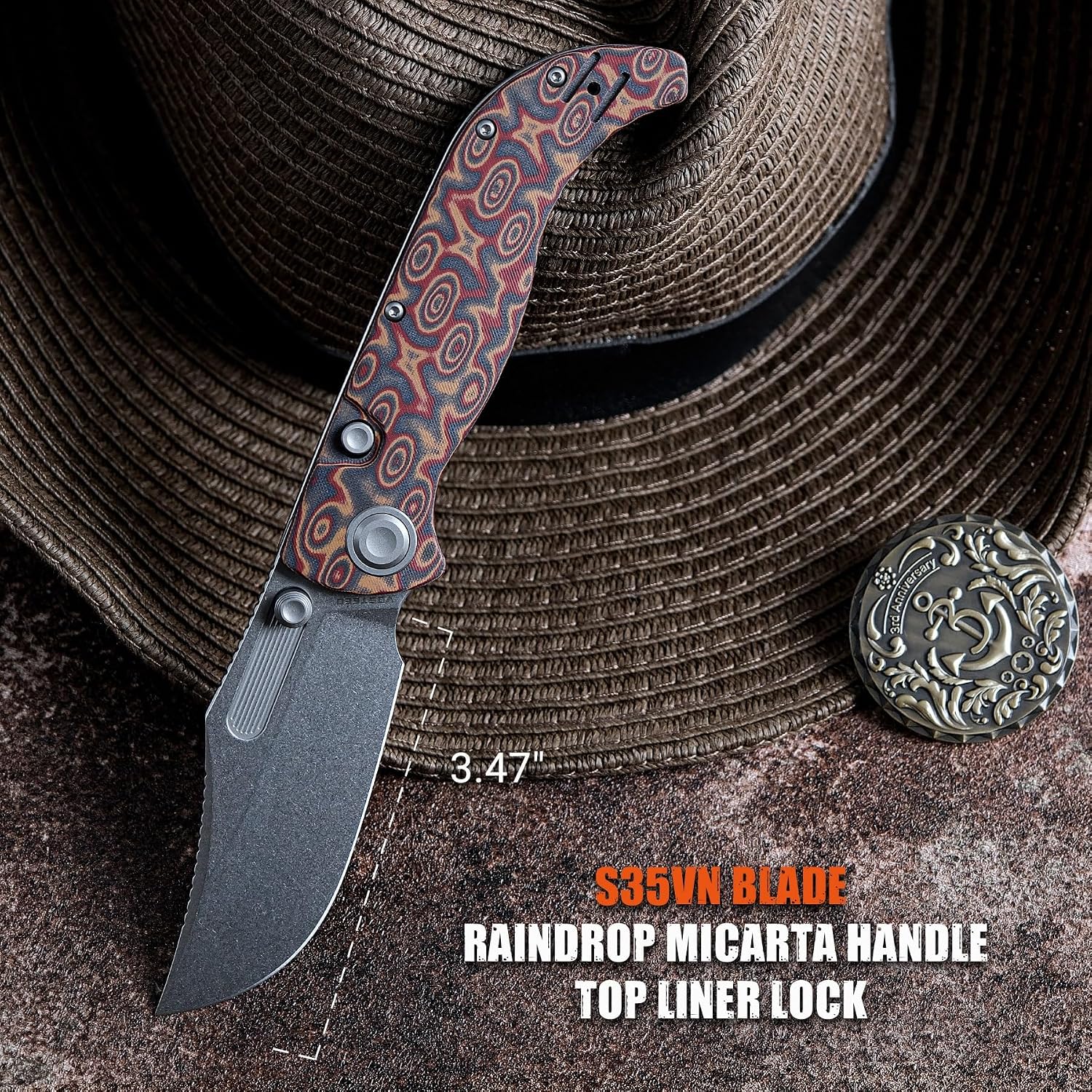 Vosteed Naga EDC Folding Pocket Knife - 3.47' S35VN Stonewash Blade, Clip Point - Top Liner Lock, Copper Raindrop Micarta Handle - Surviving, Camping Knives - A3904