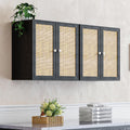 Furnaza Rattan Wall Cabinets Set - 24' Kitchen Wall Mounted Storage Cabinets with 2 Paper Rattan Doors and Shlelf Adjustable in Laundry or Bathroom Over The Toilet,One Set of 2 Pcs, in Black