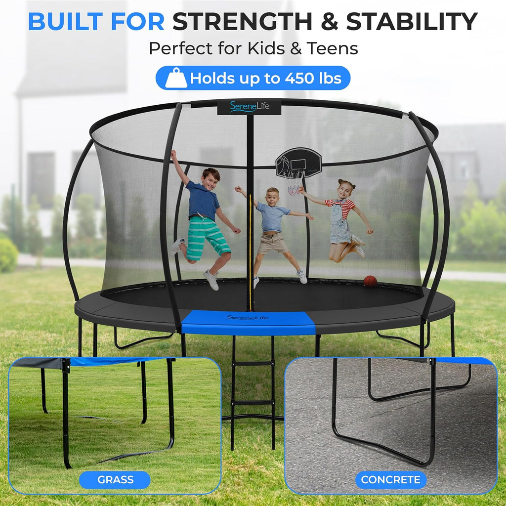 SereneLife Trampoline Outdoor 8FT 10FT 12FT 14FT with Enclosure Net, Ladder and Anti-Rust Coating - ASTM Approved Recreational Trampolines - Heavy Duty Yard Trampolines for Kids and Adults
