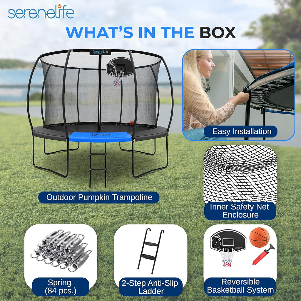 SereneLife Trampoline Outdoor 8FT 10FT 12FT 14FT with Enclosure Net, Ladder and Anti-Rust Coating - ASTM Approved Recreational Trampolines - Heavy Duty Yard Trampolines for Kids and Adults