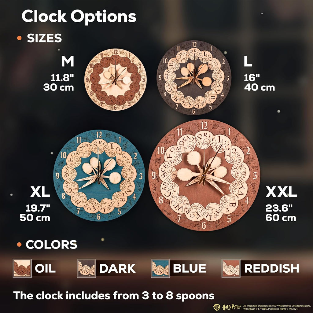 ZE WOOD Weasley Family Round Clock - Harry Potter 3D Wall Clock - Unique Dark Wooden Clock, Silent Large Modern Rustic Decorative Home Decor for Harry Potter Fans (5 spoons, L)