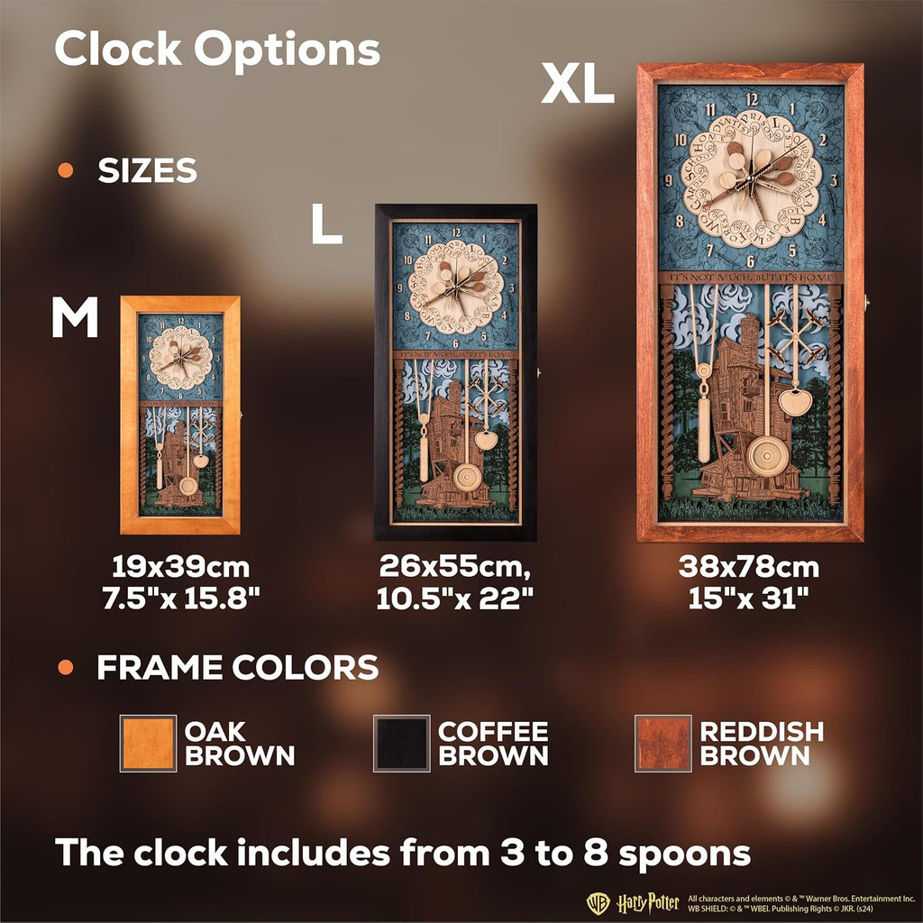ZE WOOD Weasley Family Harry Potter 3D Wall Clock - Collectible Coffee Brown Wooden Clock, Silent Large Modern Rustic Decorative Home Decor for Harry Potter Fans, Mother's Day Gift (5 spoons, M)