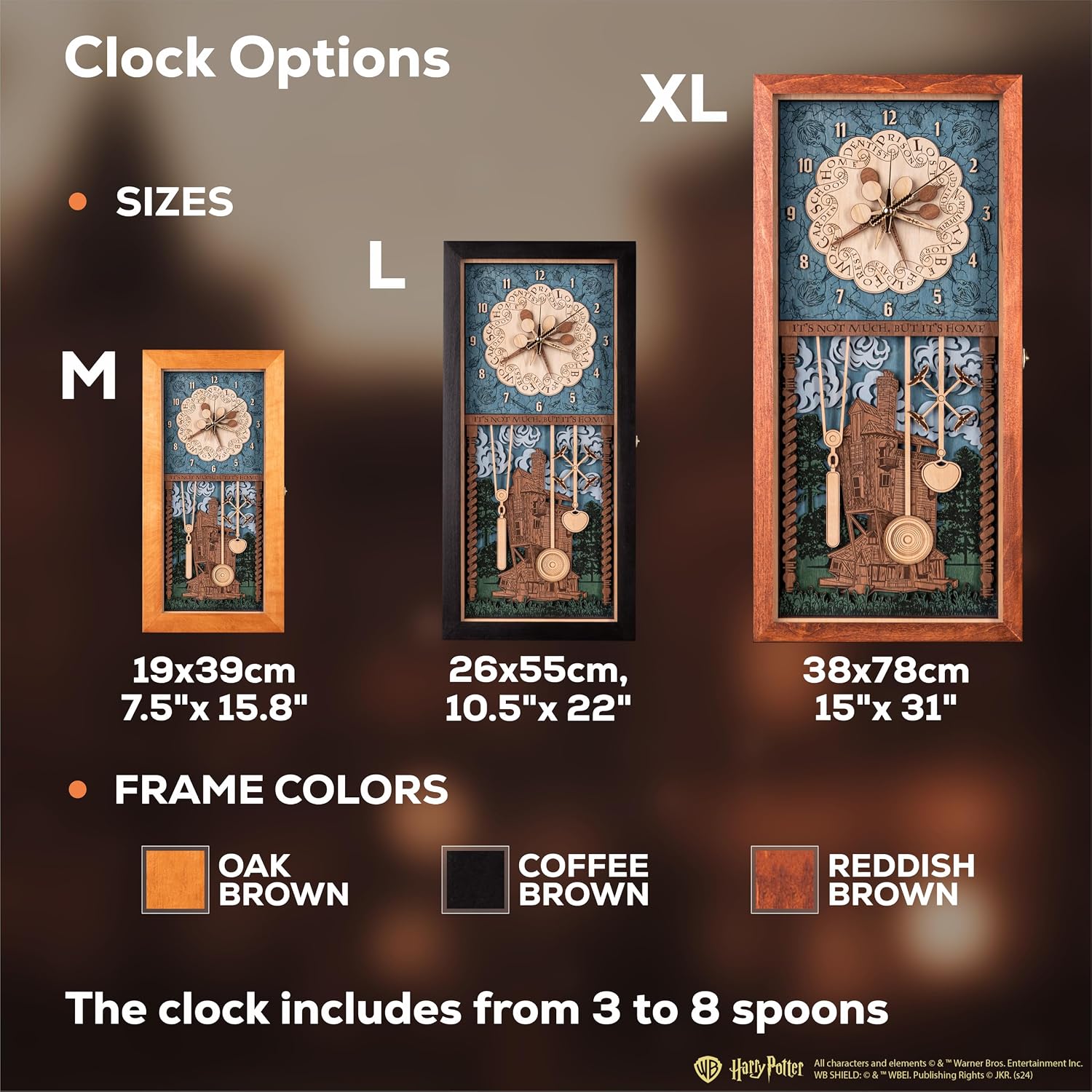 ZE WOOD Weasley Family Harry Potter 3D Wall Clock - Unique Collectible Oak Brown Wooden Clock, Silent Large Modern Rustic Decorative Home Decor for Harry Potter Fans, Mother's Day Gift (3 spoons, XL)