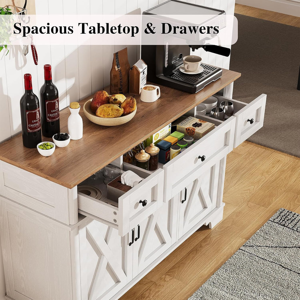BestHaped Farmhouse Buffet Cabinet with Storage, White Sideboard Buffet Cabinet with Adjustable Shelves & 3 Drawers, Buffet Table Coffee Bar Wine Bar Storage for Kitchen & Living Room, 47inch