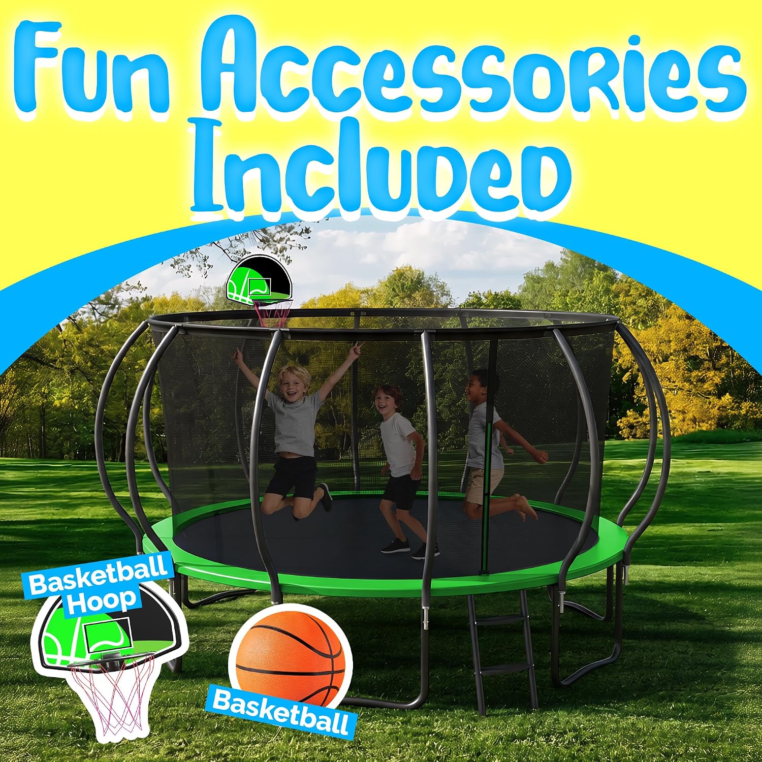 YORIN Tranpoline 10 12 14 15 16 FT Tranpoline for Kids and Adults 1500LBS Recreational Tranpoline with Basketball Hoop, Enclosure Net, Back Yard Heavy Duty Outdoor Pumpkin Tranpolines, ASTM Approved
