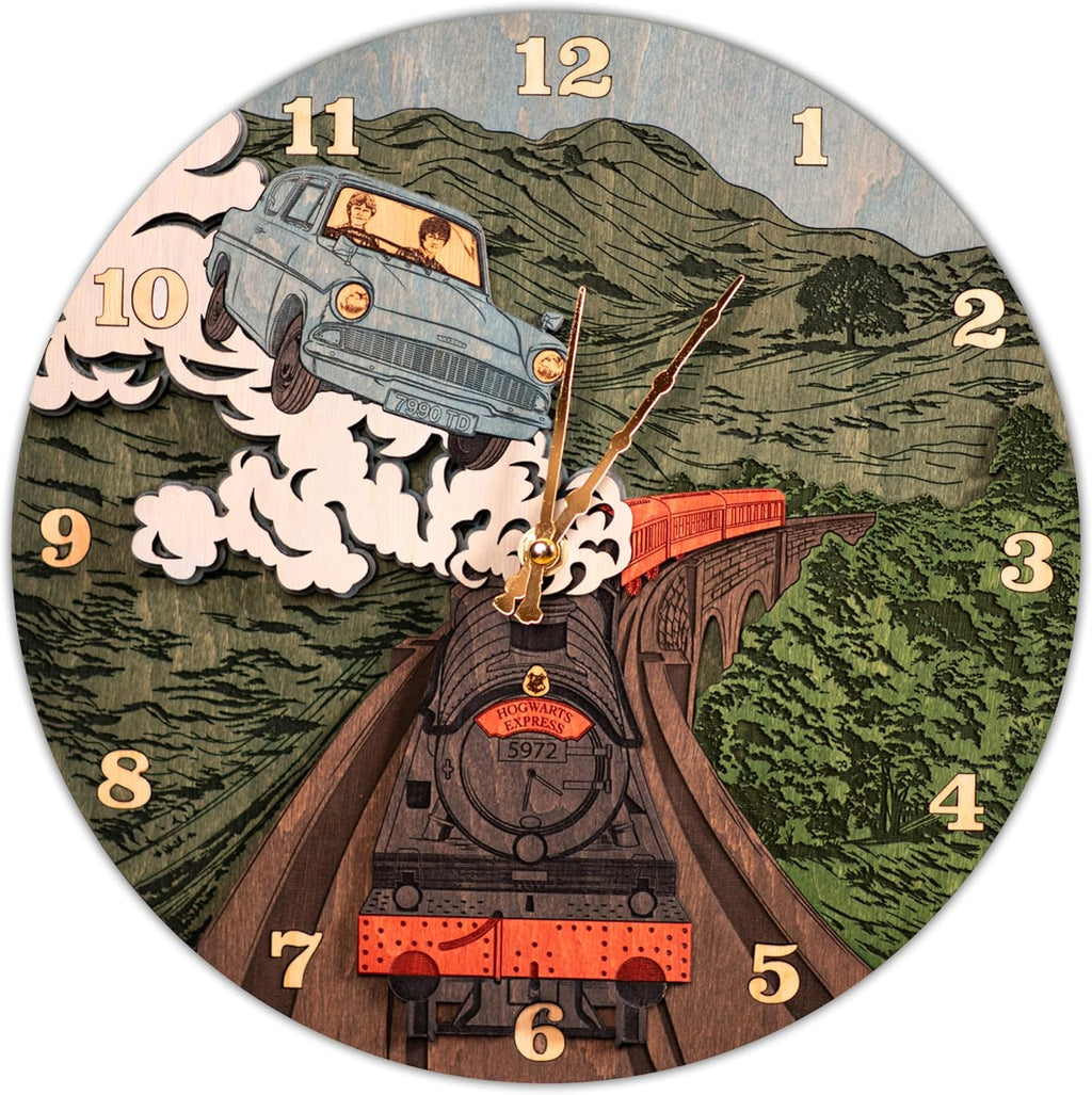 Hogwarts Express Round Clock - Harry Potter 3D Wall Clock - Unique Collectible Wooden Clock, Silent Modern Rustic Decorative Home Decor for Harry Potter Fans (L)