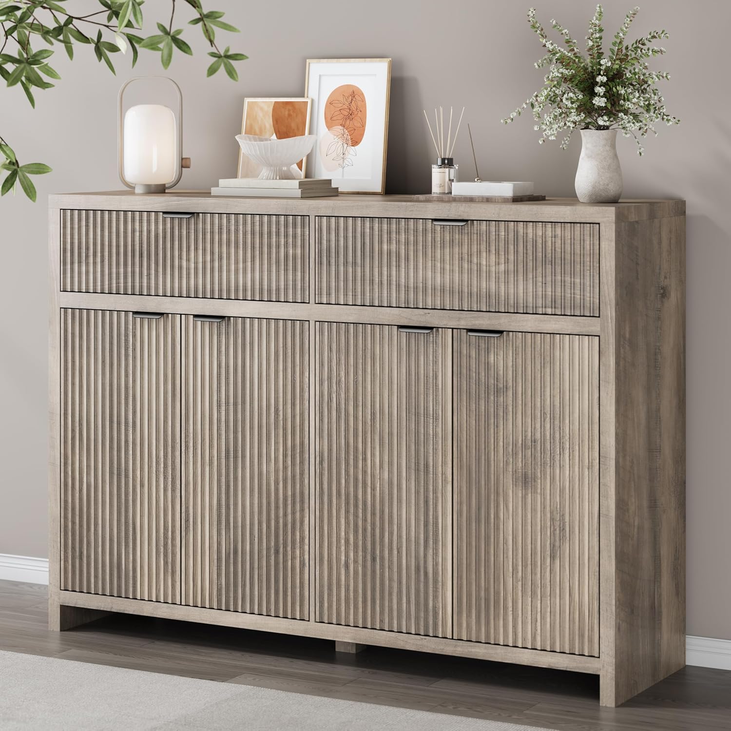 Fluted Sideboard Buffet Cabinet with Storage Drawers, 55' Large Accent Storage Cabinet with Doors and Adjustable Shelf, Modern Farmhouse Credenza for Entryway, Kitchen, Living Room - Gray