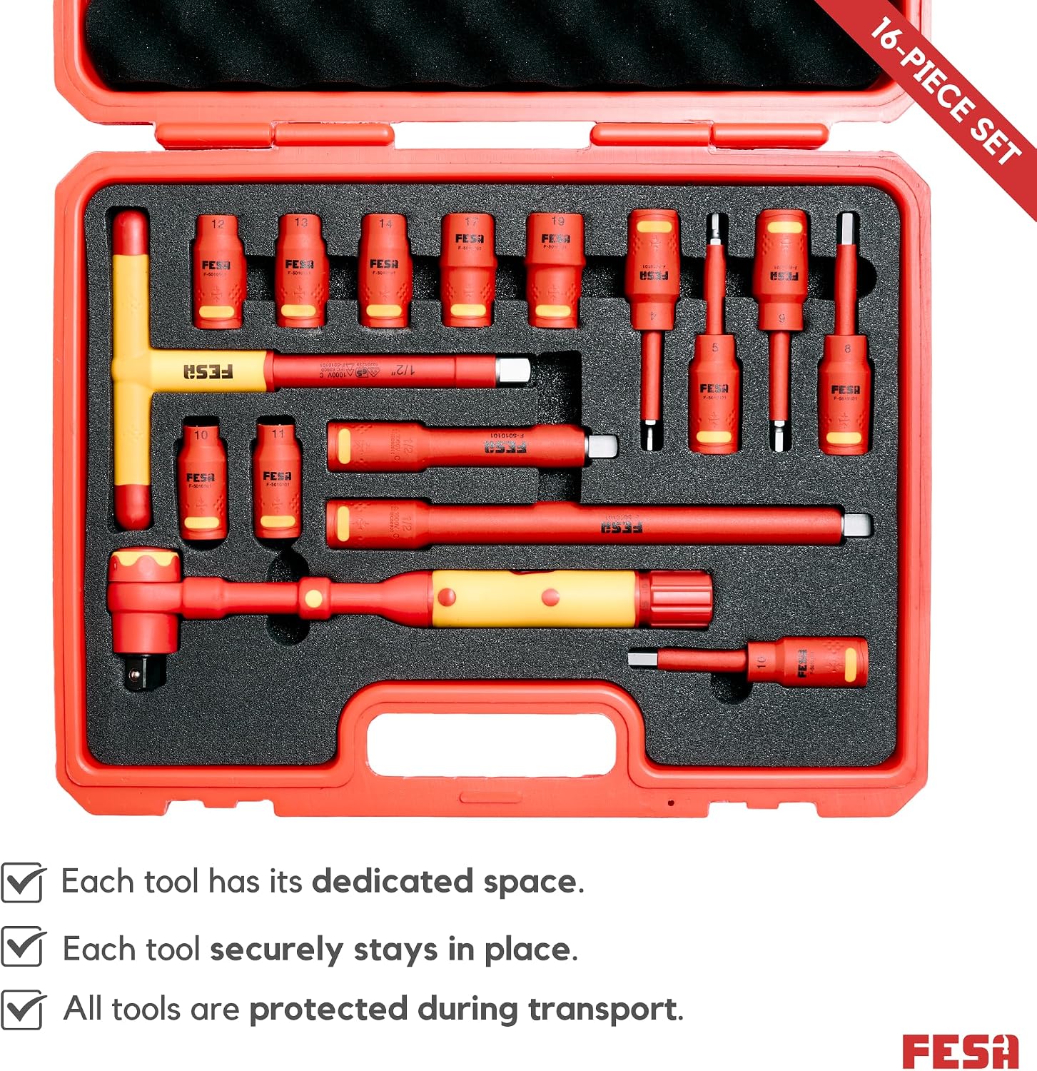 FESA Insulated Torque Socket Set - 16-Piece 1000V Insulated Tool Set w/ 1/2' Drive Insulated Torque Wrench (10-50 Nm), 7 Metric Sockets, 5 Hex Bit Sockets, 2 Extension Bars, T-Handle & Protective Case