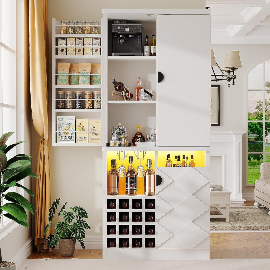 kepptory 72' Tall Kitchen Pantry Storage Cabinet, Freestanding Bar Cabinet with RGB LED Light, White Kitchen Buffet Sideboard with Doors for Dining Room Living Room