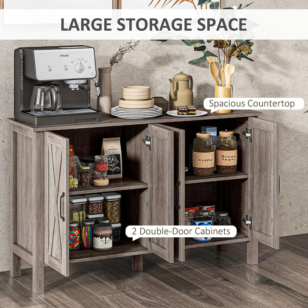 HOMCOM Buffet Cabinet, 47' Sideboard with 4 Barn Doors and 2 Adjustable Shelves, Farmhouse Coffee Bar Cabinet, Gray Wood Grain