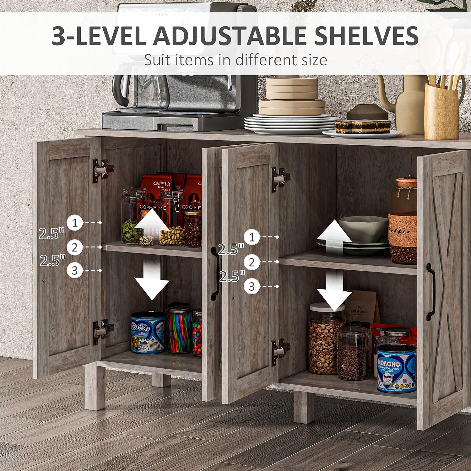 HOMCOM Buffet Cabinet, 47' Sideboard with 4 Barn Doors and 2 Adjustable Shelves, Farmhouse Coffee Bar Cabinet, Gray Wood Grain