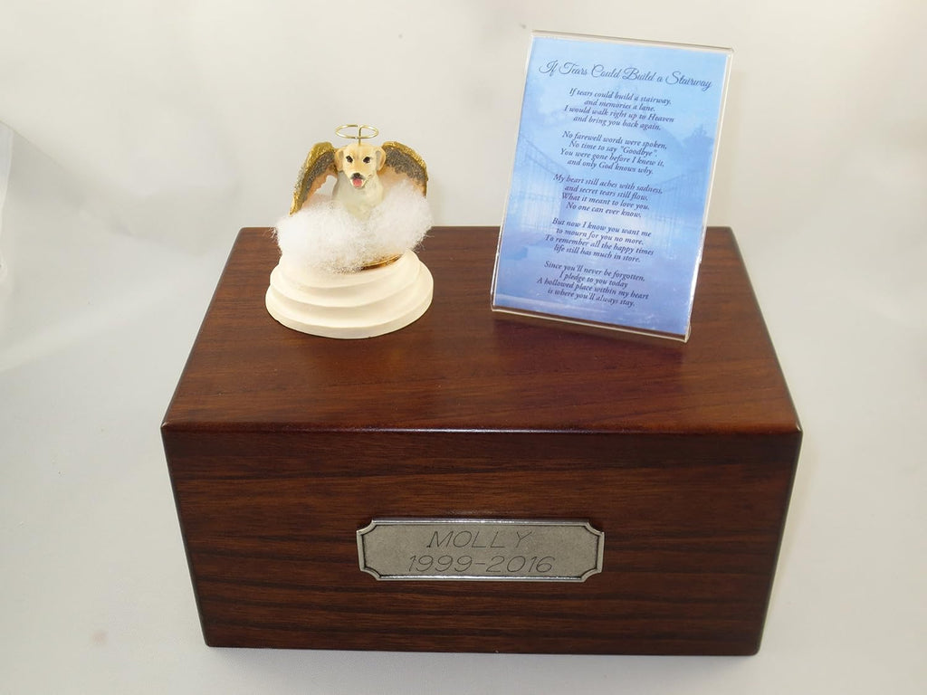Wooden Pet Urns for Dogs with Yellow Labrador Lab Retriever Stairway to Heaven Figurine with Poem | Personalized Dog Memorial Urn for Ashes | Medium Paulownia Pet Urn for Lab | Conversation Concepts