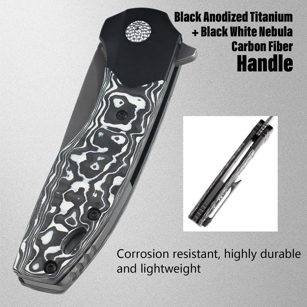 KANSEPT Cassowary Pocket Folding Knives for Men EDC Pocket Knife 2.9'' Grey TiCn Coated and Stonewashed CPM S35VN Blade with Black Anodized Titanium Black White Nebula Carbon Fiber Handle K2065B2