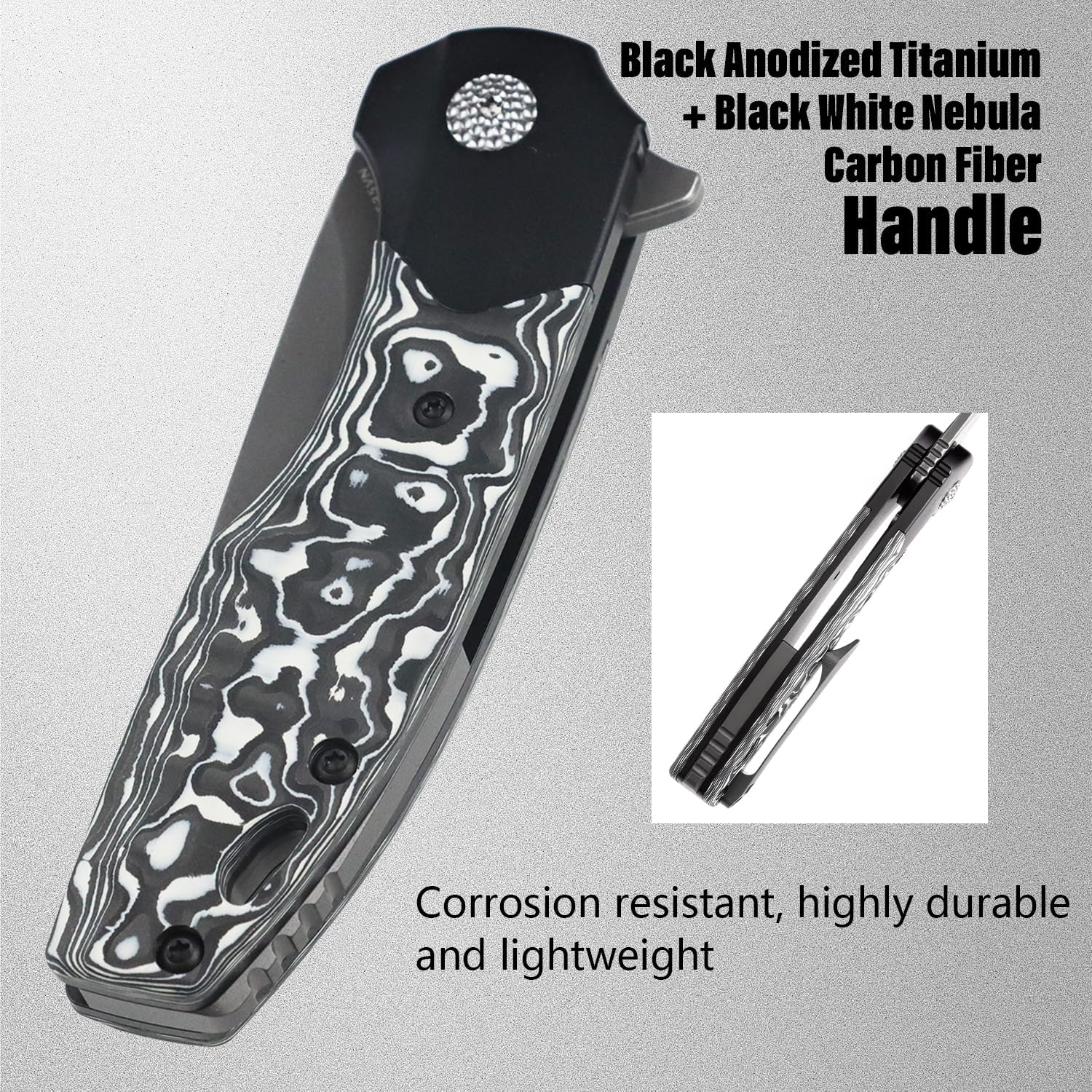 KANSEPT Cassowary Pocket Folding Knives for Men EDC Pocket Knife 2.9'' Grey TiCn Coated and Stonewashed CPM S35VN Blade with Black Anodized Titanium Black White Nebula Carbon Fiber Handle K2065B2