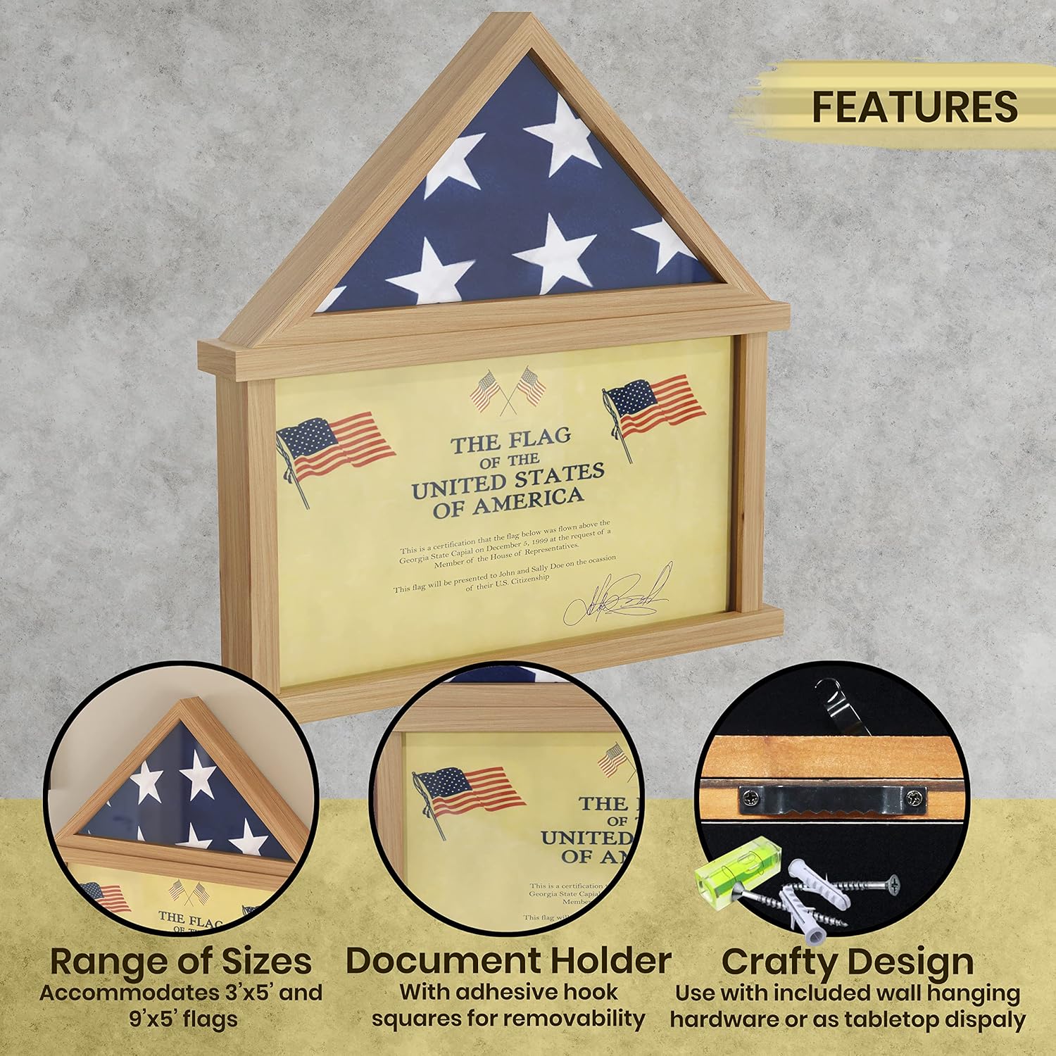 HBCY Creations Flag Display Case with Certificate Holder for 5' x 9.5' American Veteran Burial Flag, Solid Wood with Glass Front with Wall Mount or Standing Display, Weathered Wood