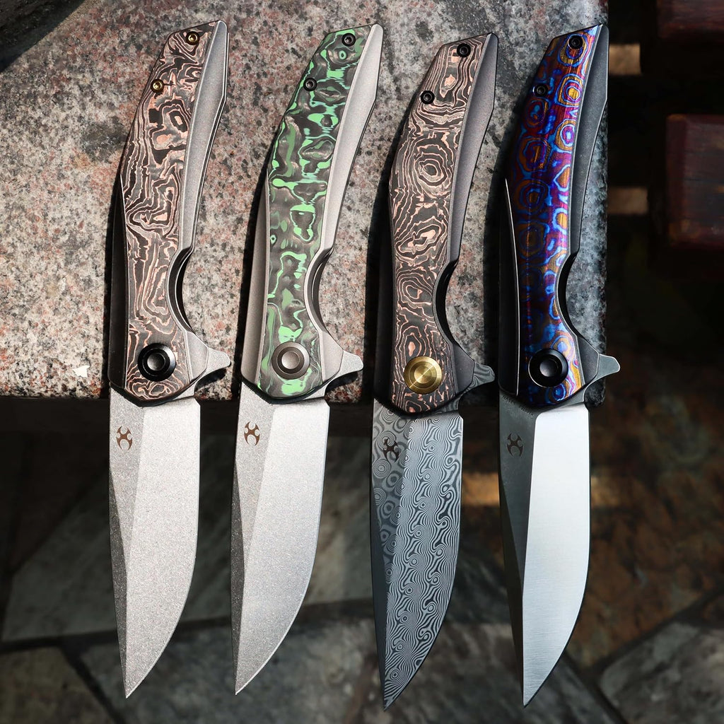KANSEPT Accipiter Pocket Folding Knives EDC Camping Folding Knife 3.36'' Damascus Blade Pocket Folding Knife with Titanium + Copper Carbon Fiber Handle Everyday Carry K1007E4