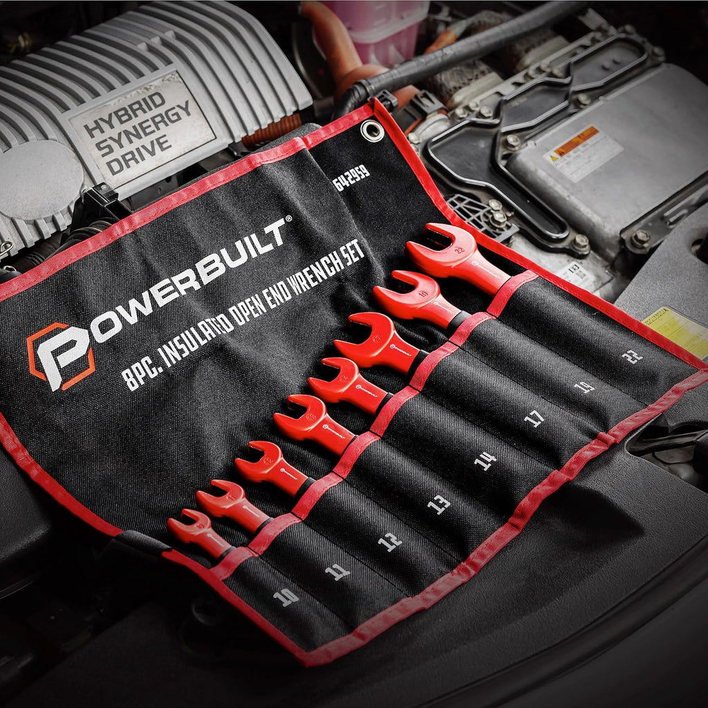 Powerbuilt 8-Piece Open End Insulated VDE Wrench Set, Rated for 1000V, Sizes 10mm-22mm, Electric and Hybrid Vehicles, Home Electrical and Car Repair - 642959