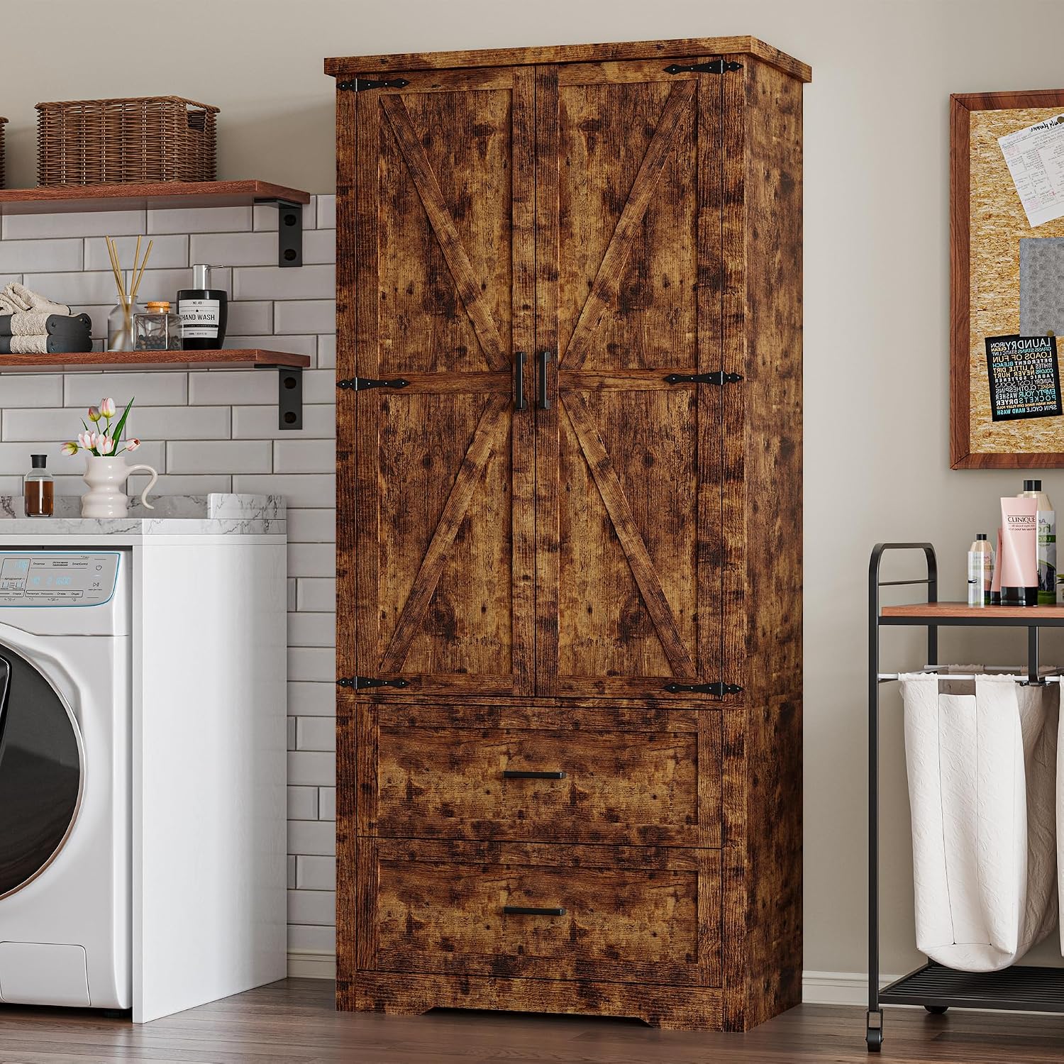 BORNOON Pantry Organizers and Storage Cabinet, 71' Barn Door White Kitchen Cabinet with Drawers and Adjustable Shelf, Tall Pantry for Kitchen, Dining Room, Living Room. Bathroom and Office