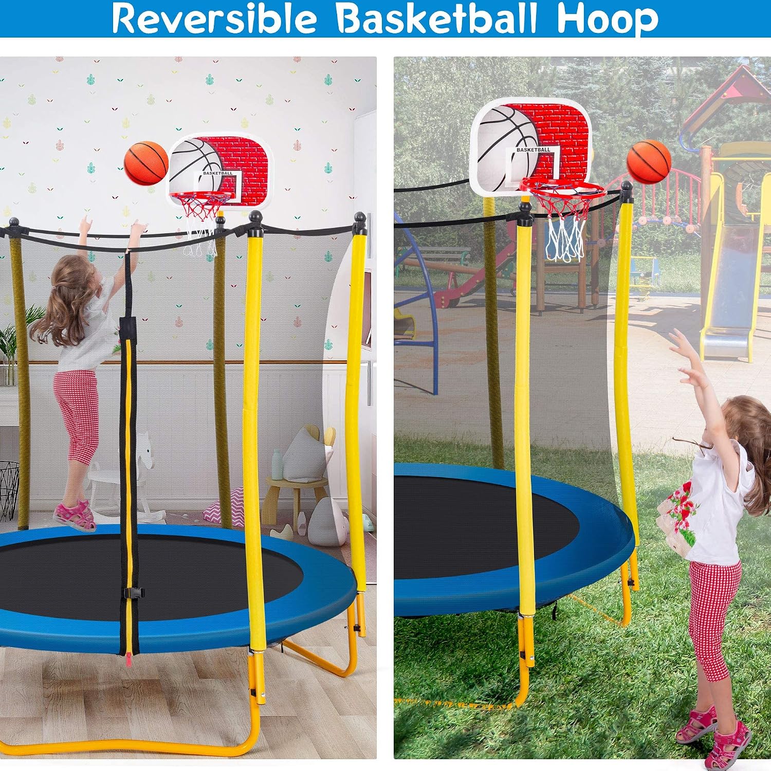 Merax 66'' Trampoline for Kids with Basketball Hoop, Rubber Ball and Enclosure Net