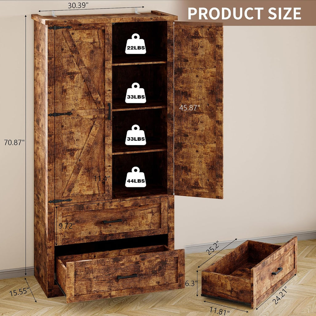 BORNOON Pantry Organizers and Storage Cabinet, 71' Barn Door White Kitchen Cabinet with Drawers and Adjustable Shelf, Tall Pantry for Kitchen, Dining Room, Living Room. Bathroom and Office