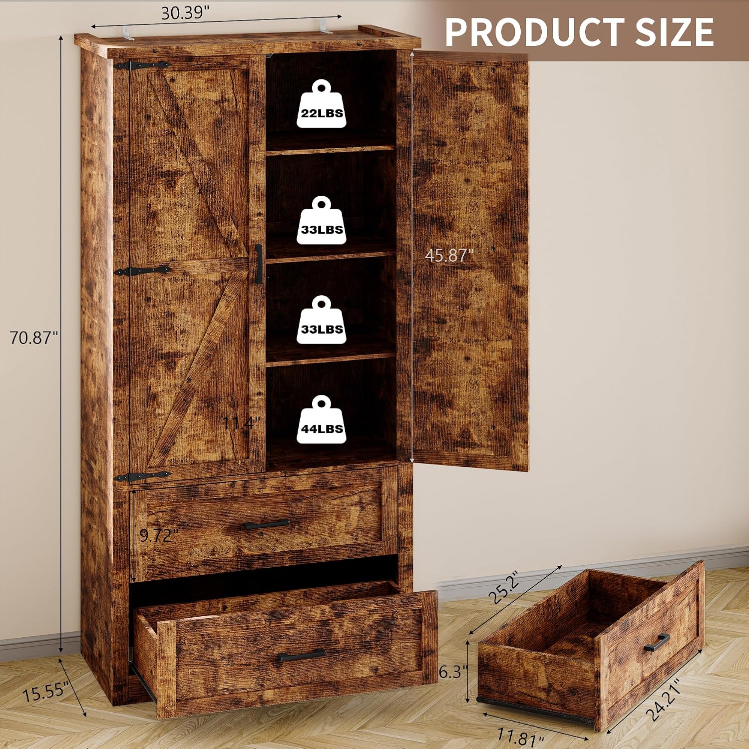 BORNOON Pantry Organizers and Storage Cabinet, 71' Barn Door White Kitchen Cabinet with Drawers and Adjustable Shelf, Tall Pantry for Kitchen, Dining Room, Living Room. Bathroom and Office