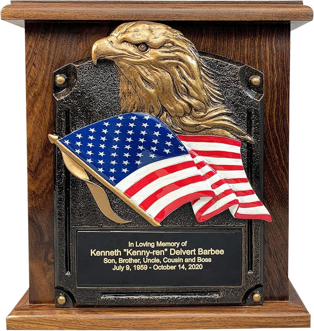 American Flag and Eagle Cremation Urn, Wooden Funeral Urns with Personalized Engraving