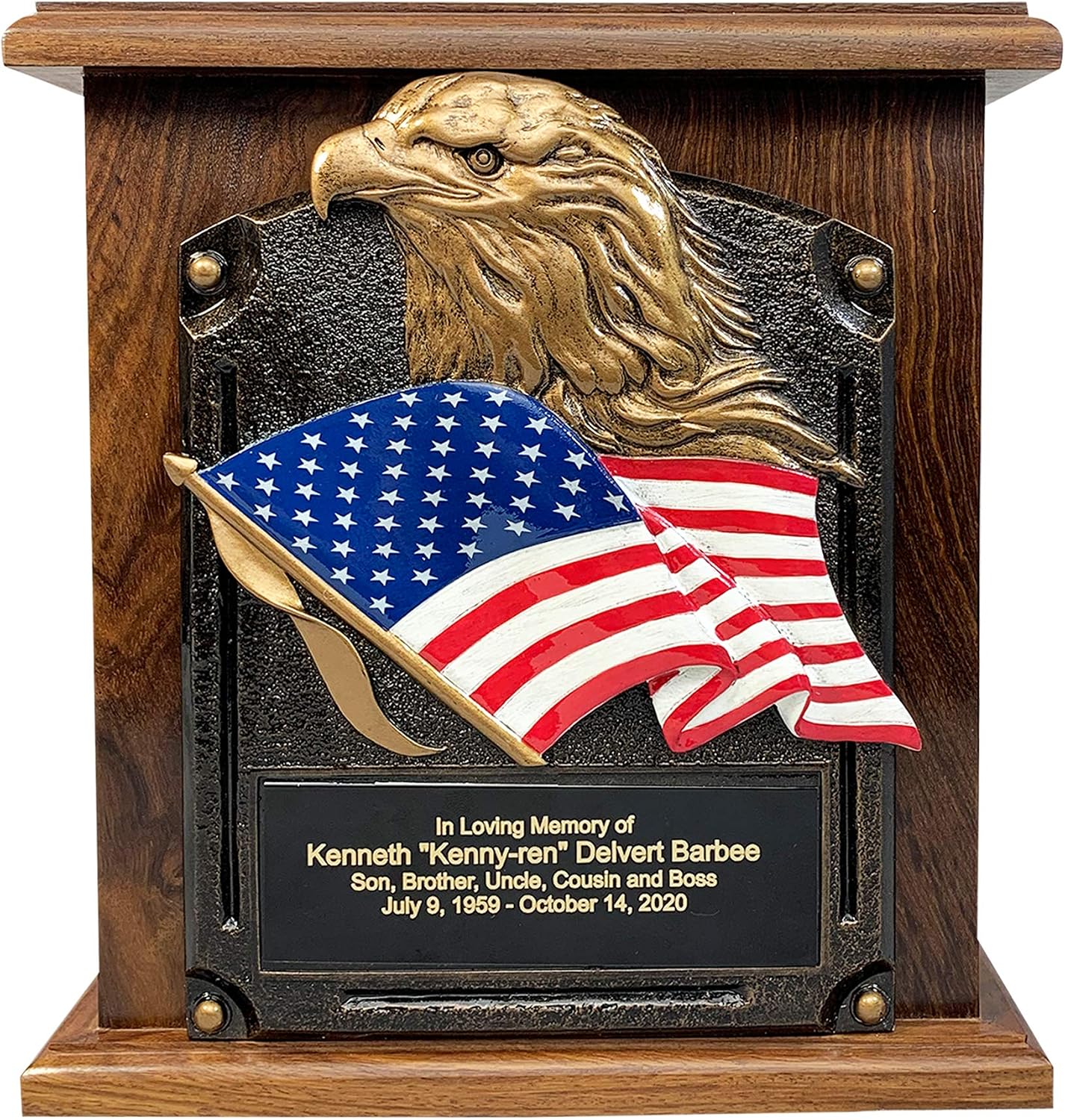 American Flag and Eagle Cremation Urn, Wooden Funeral Urns with Personalized Engraving