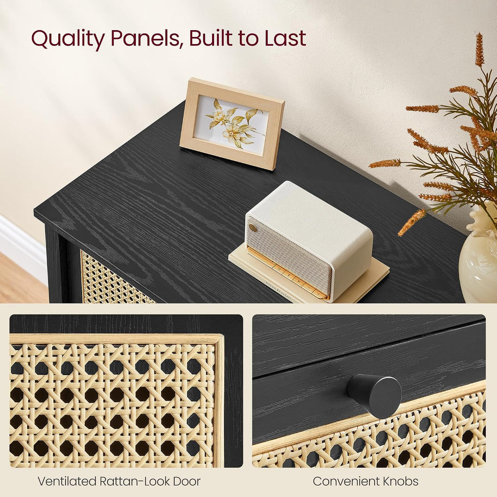 VASAGLE Boho Buffet Cabinet, Synthetic Rattan Sideboard with Drawers, Storage Cabinet with Adjustable Shelves, Ink Black UBBK242B01