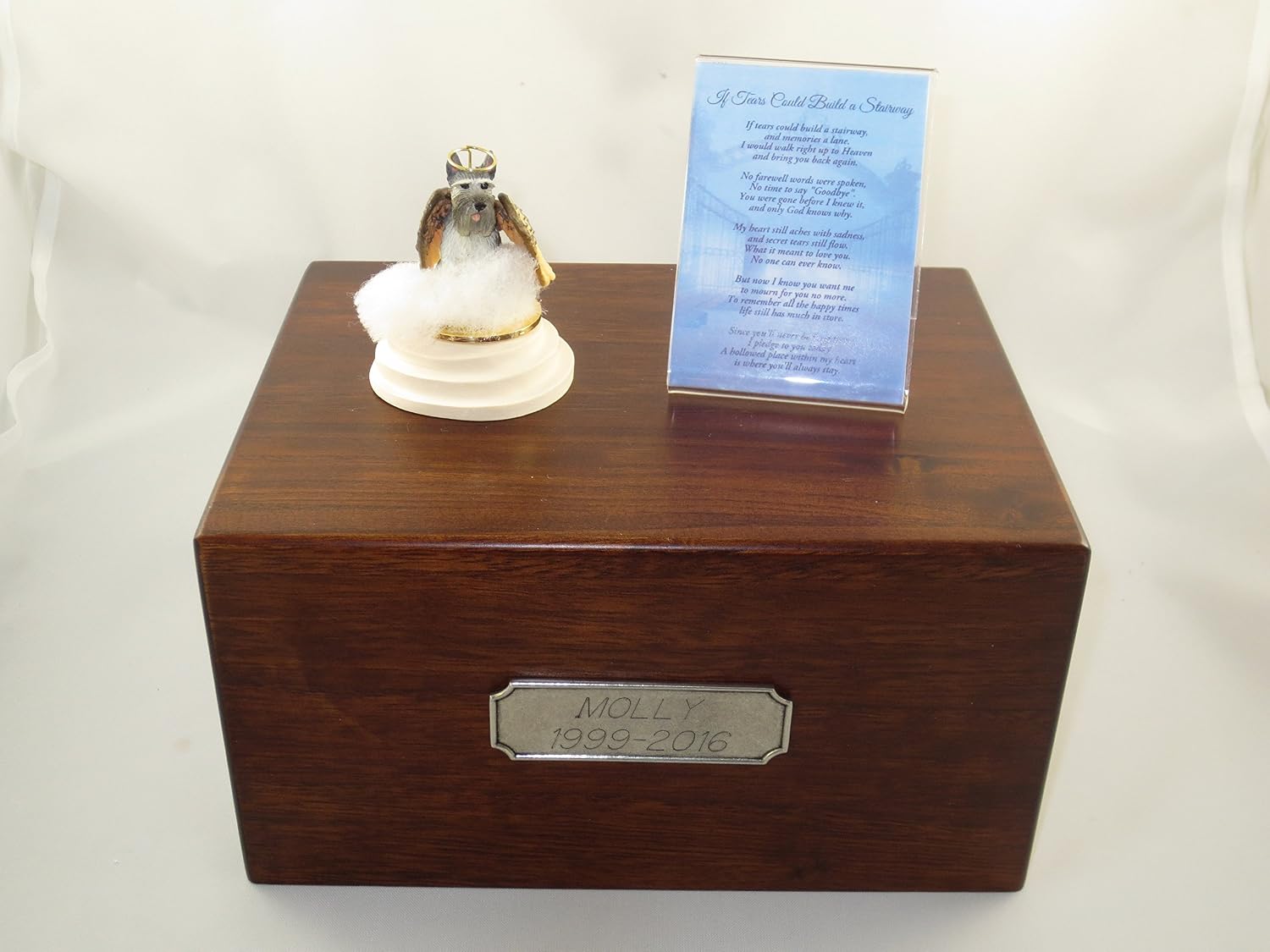 Beautiful Paulownia Large Wooden Urn with Gray Giant Schnauzer Stairway to Heaven Figurine with Poem & Personalized Pewter Engraving